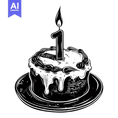 Aset desain premium: Black and White Illustration of a Birthday Cake with a Single Lit Cand