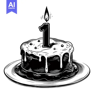 Aset premium populer: Black and white illustration of a birthday cake with a single lit cand