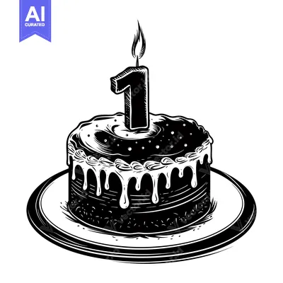Aset premium populer: A black and white illustration of a birthday cake with a lit candle