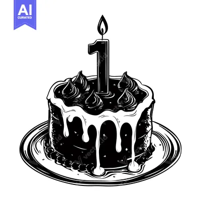 Aset premium populer: Black and White Illustration of a Birthday Cake with a Single Lit Cand