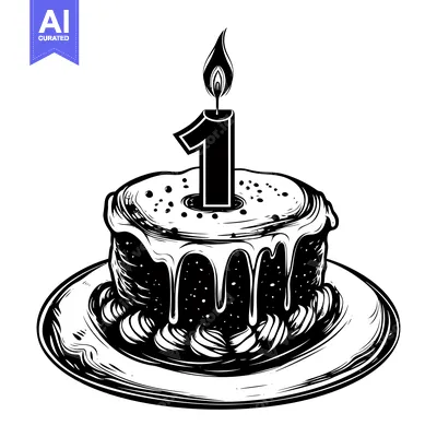 Aset premium populer: Black and White Illustration of a Birthday Cake with a Single Lit Cand