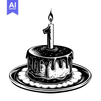 Popular premium asset: Black and White Illustration of a Birthday Cake with a Single Candle
