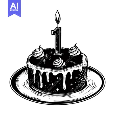 Aset premium populer: Black and White Illustration of a Birthday Cake with a Single Lit Cand