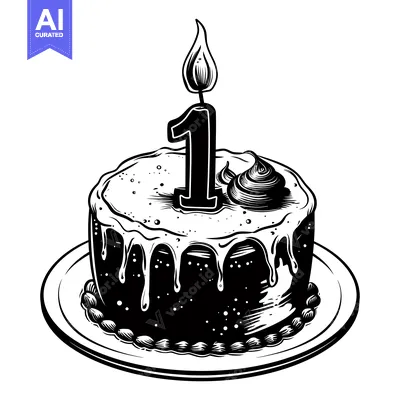 Premium design asset: A single candle cake with a lit number one candle,  on a plate