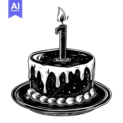 Aset premium populer: A Black and White Illustration of a Birthday Cake with a Single Lit Ca