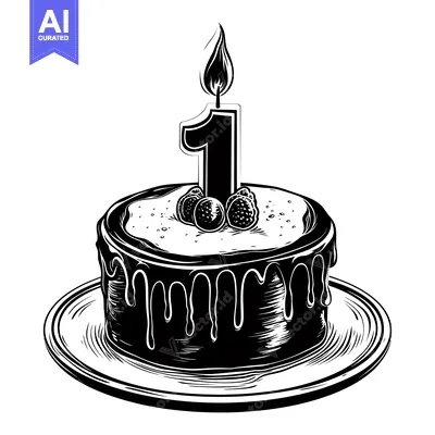 Premium design asset: Black and white illustration of a birthday cake with a single lit cand