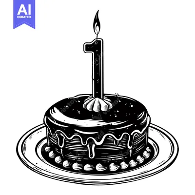 Premium design asset: Black and White Illustration of a Birthday Cake with One Candle