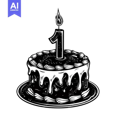 Aset premium populer: Black and White Illustration of a Birthday Cake with a Single Candle a