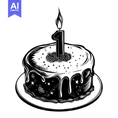 Popular premium asset: Black and White Illustration of a Birthday Cake with One Candle