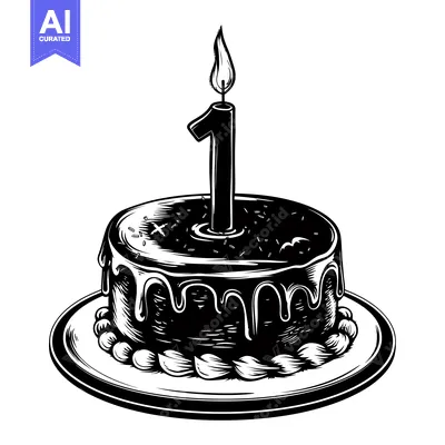 Aset premium populer: Black and White Illustration of a Birthday Cake with a Single Lit Cand