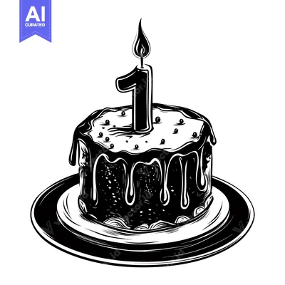 Aset desain premium: Black and White Illustration of a Birthday Cake with a Single Candle