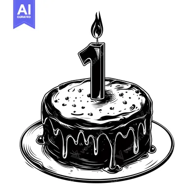 Aset desain premium: Black and White Illustration of a Birthday Cake with One Candle