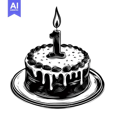 Premium design asset: Black and White Illustration of a Birthday Cake with One Candle