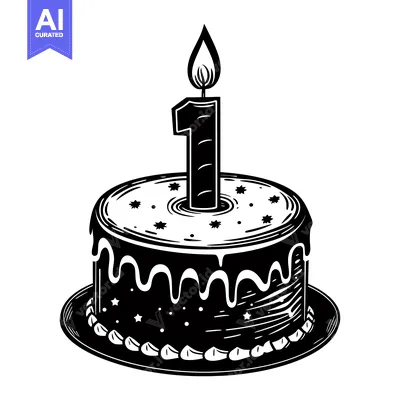 Aset premium populer: Black and White Illustration of a Birthday Cake with One Candle