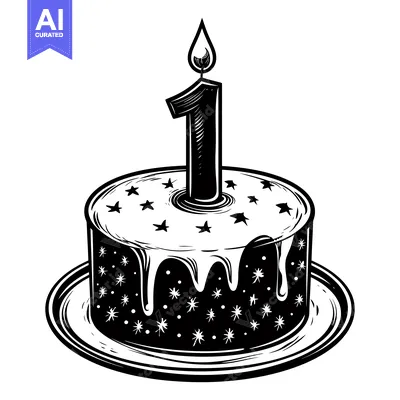Premium design asset: Birthday Cake with a Single Candle and Number One