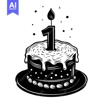 Popular premium asset: Black and White Illustration of a Birthday Cake with One Candle