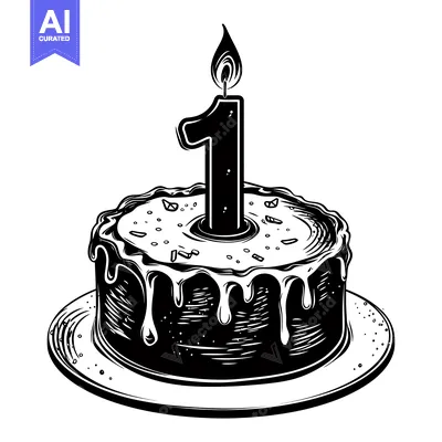 Premium design asset: Black and White Illustration of a Birthday Cake with a Single Lit Cand
