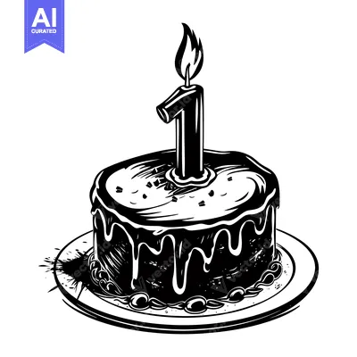 Aset premium populer: Black and White Illustration of a Birthday Cake with a Candle Number O