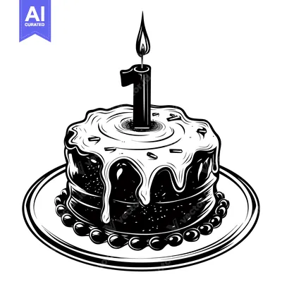 Premium design asset: Black and White Illustration of a Birthday Cake with a Single Candle