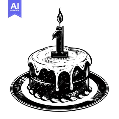 Aset premium populer: Black and White Illustration of a Birthday Cake with a Single Lit Cand