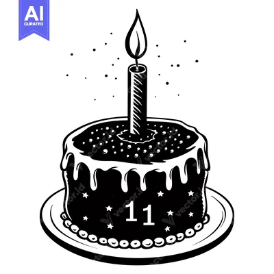 Black and White Illustration of an Eleven-Year-Old Birthday Cake