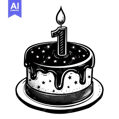 Aset premium populer: Black and White Illustration of a Birthday Cake with One Candle
