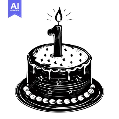 Aset premium populer: Black and White Illustration of a Birthday Cake with a Single Candle