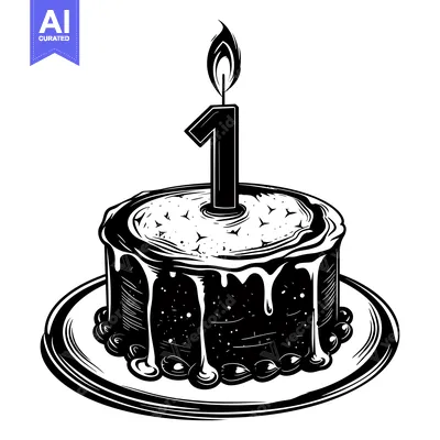 Black and White Illustration of a Birthday Cake with One Candle