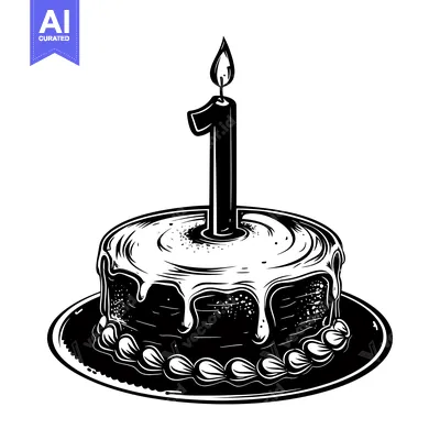 Aset premium populer: Black and White Illustration of a Birthday Cake with a Single Lit Cand