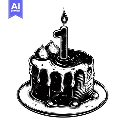 Aset desain premium: A Black and White Illustration of a Birthday Cake with a Single Lit Ca