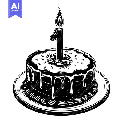 Aset desain premium: Black and white illustration of a birthday cake with a single lit cand