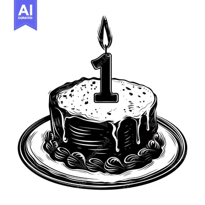 Popular premium asset: Black and White Illustration of a Birthday Cake with a Single Candle N