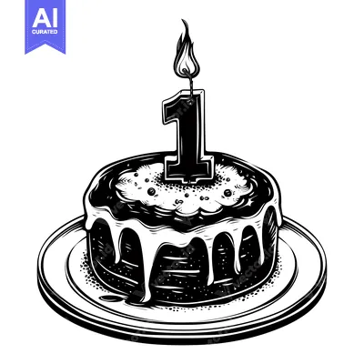 Aset desain premium: Black and white illustration of a birthday cake with a single candle