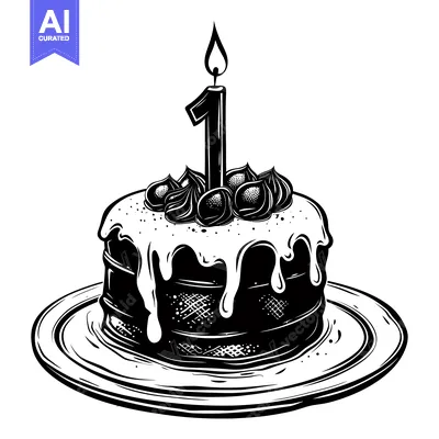 Aset desain premium: Black and White Illustration of a Birthday Cake with a Single Candle