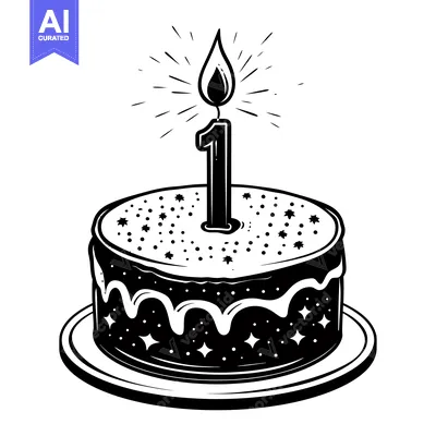 Aset desain premium: A Black and White Illustration of a Birthday Cake with a Single Lit Ca