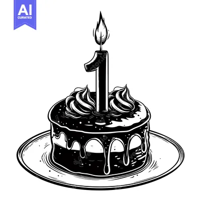 Aset premium populer: A Black and White Illustration of a Birthday Cake with a Single Lit Ca