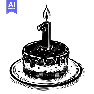 Aset premium populer: Black and White Illustration of a Birthday Cake with a Number One Cand