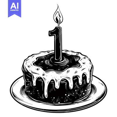 Aset desain premium: A Black and White Illustration of a Birthday Cake with a Single Candle