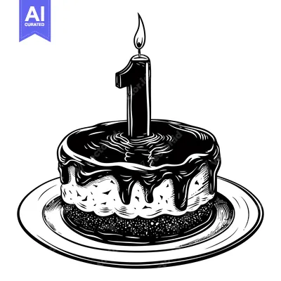 Aset premium populer: Black and White Illustration of a Birthday Cake with One Candle