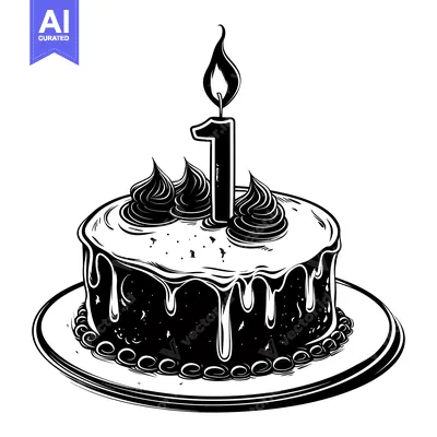 Aset premium populer: A Black and White Illustration of a Birthday Cake with a Lit Candle Nu