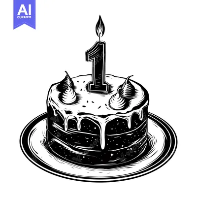 Aset desain premium: Black and White Illustration of a Birthday Cake with a Single Lit Cand