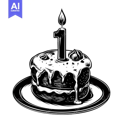 Aset premium populer: Black and White Illustration of a Birthday Cake with a Single Lit Cand