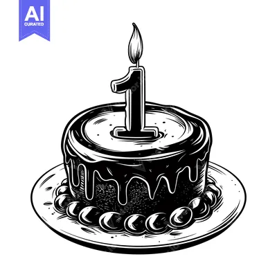 Aset desain premium: Birthday Cake with a Single Lit Candle and Number One Decoration