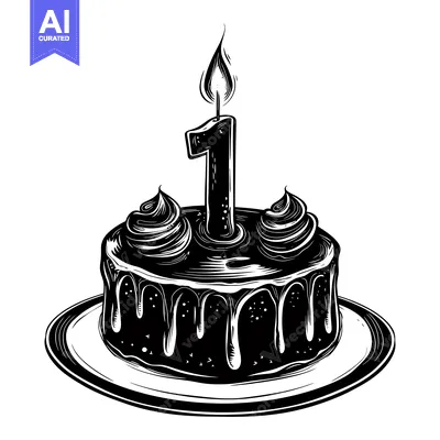 Aset premium populer: Black and White Illustration of a Birthday Cake with a Number One Cand