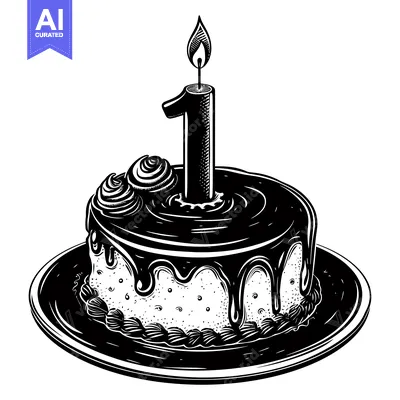 Aset desain premium: A Black and White Illustration of a Birthday Cake with a Single Lit Ca