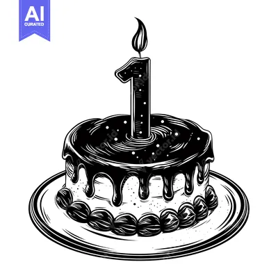 Popular premium asset: Black and White Illustration of a Birthday Cake with a Single Candle a