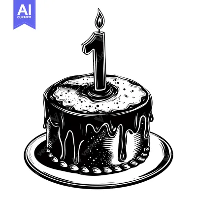 Aset premium populer: Black and White Illustration of a Birthday Cake with One Candle