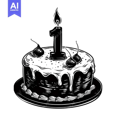 Premium design asset: Black and White Illustration of a Birthday Cake with a Single Lit Cand