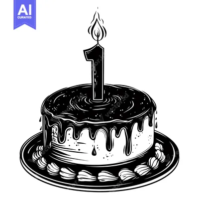 Premium design asset: Black and White Illustration of a Birthday Cake with One Candle