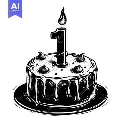 Popular premium asset: Black and White Illustration of a Birthday Cake with a Number One Cand